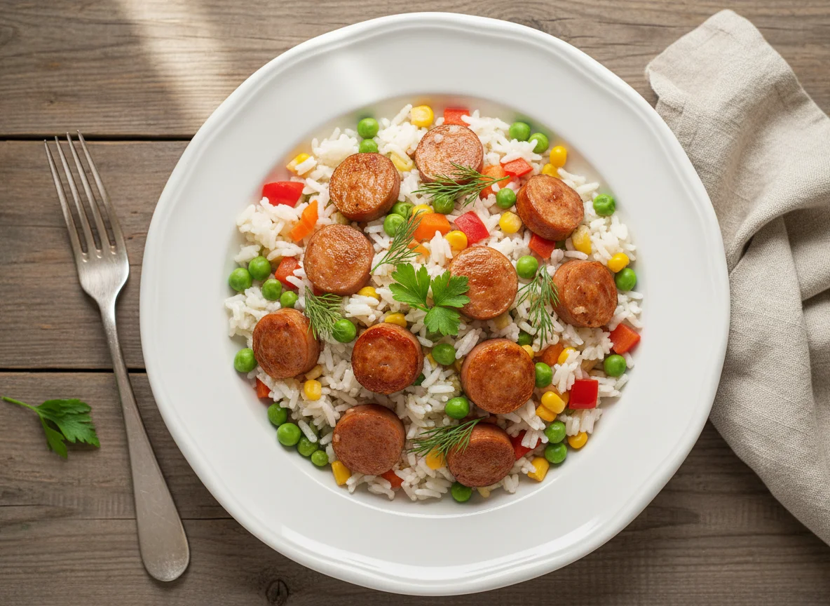 Рис с овощами и сосисками photo