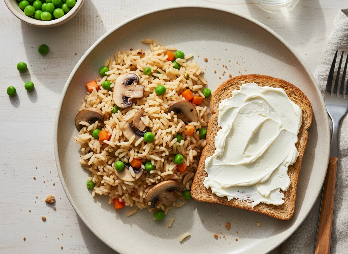 Рис с овощами и тост со сливочным сыром photo