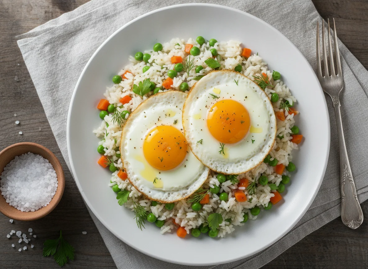 Рис с овощами и жареными яйцами photo