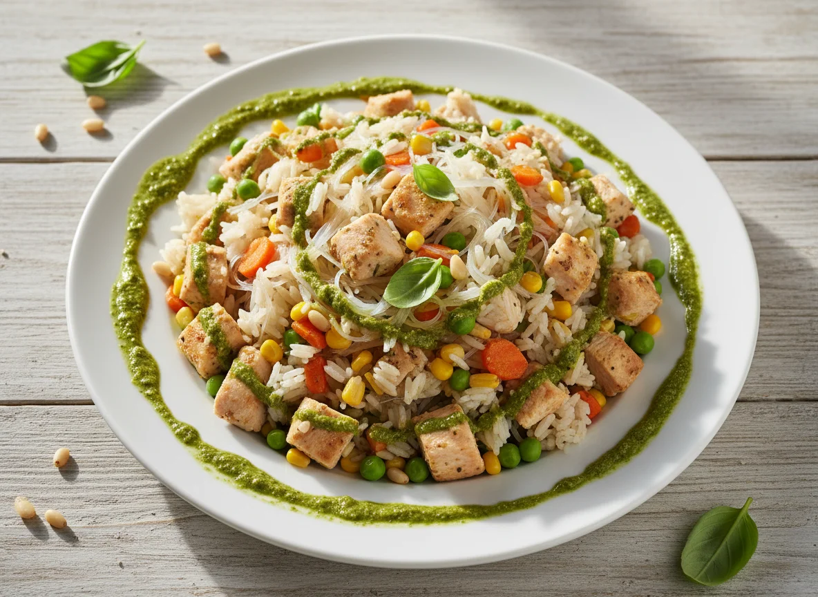 Рис с овощами, курицей и лапшой с соусом песто photo