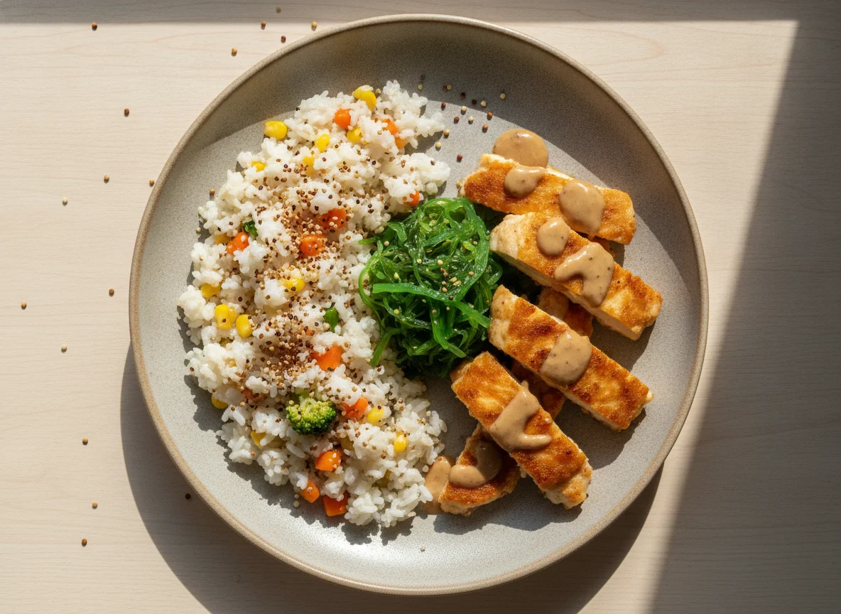 Рис с овощами, водоросли чука и курица с соусом photo