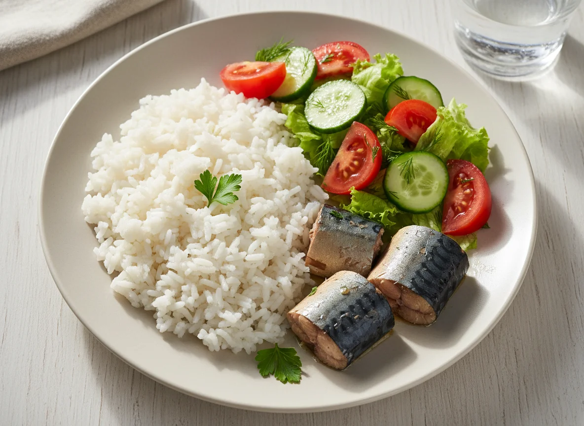 Рис с рыбой и овощным салатом photo