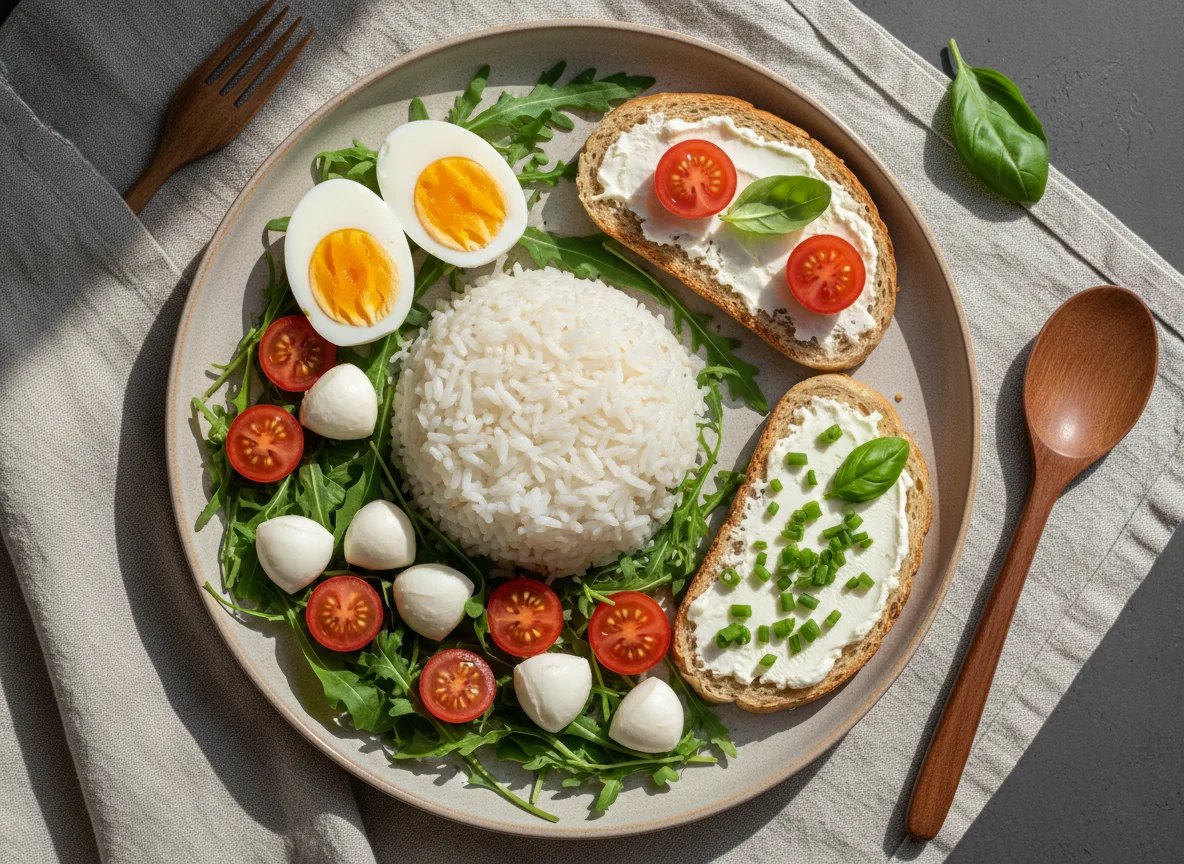 Рис с салатом, яйцами и бутербродом photo