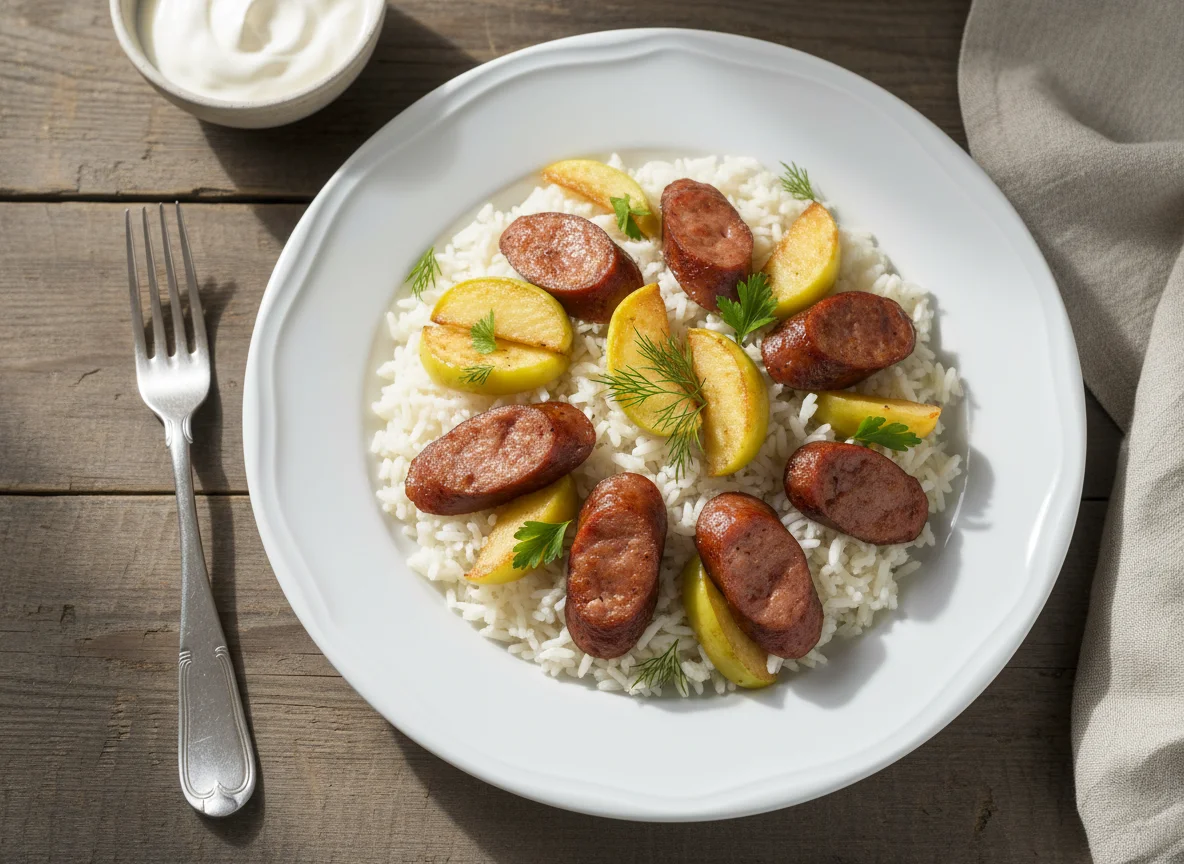 Рис с сосисками и яблоком photo