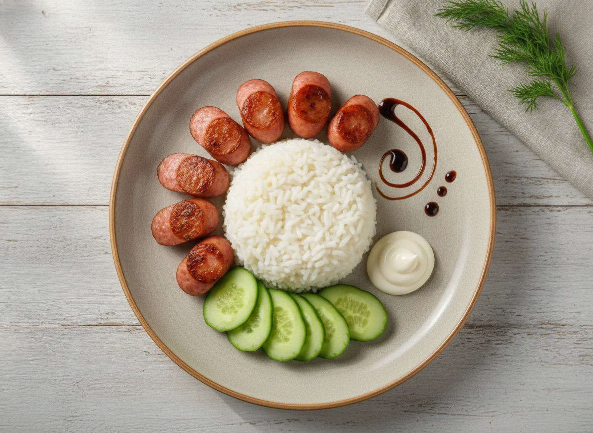 Рис с сосисками и огурцом photo