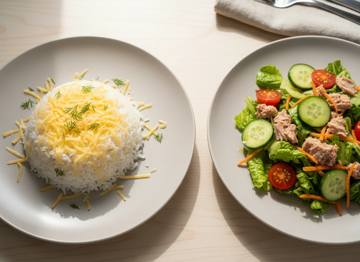 Рис с сыром и салат с тунцом photo