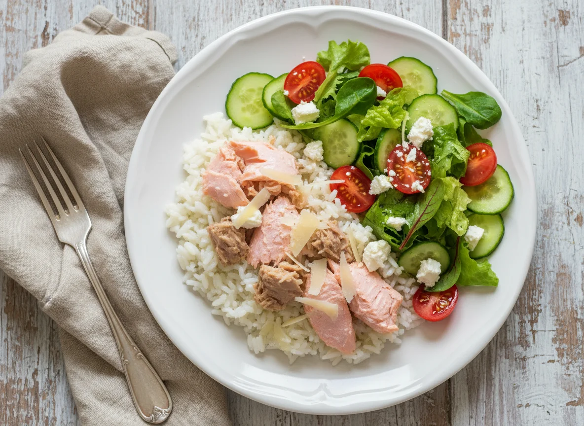 Рис с тунцом, лососем и овощным салатом photo