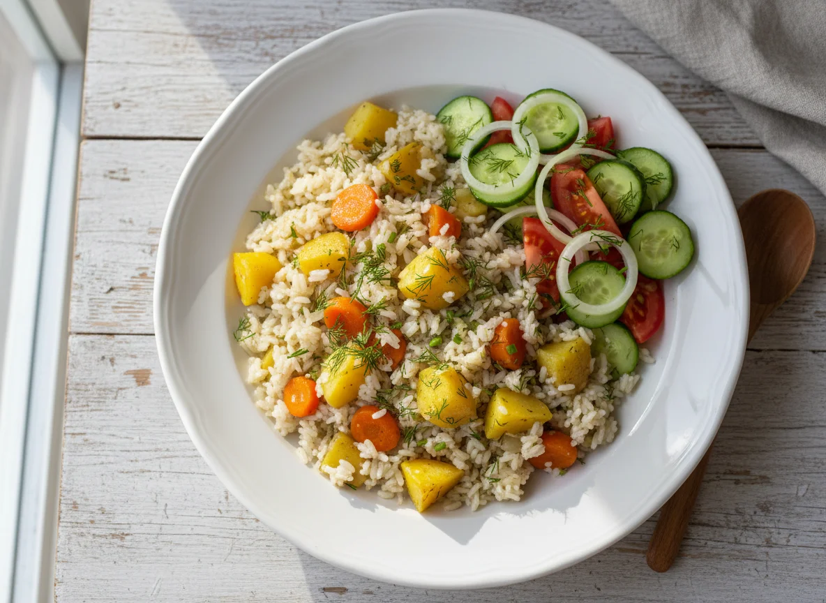 Рис с тушеными овощами и салатом photo