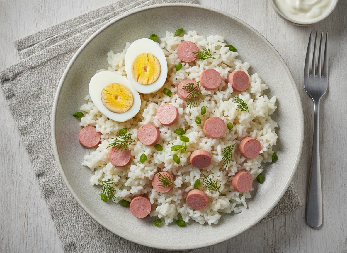 Рис с вареными яйцами и колбасой photo