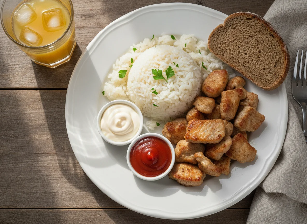 Рис с жареным мясом, хлебом и соусами photo