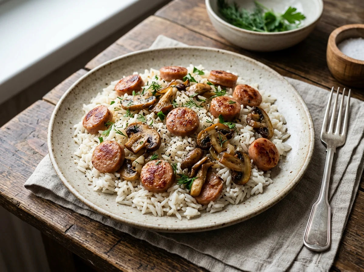 Рис с жареными колбасками и грибами photo