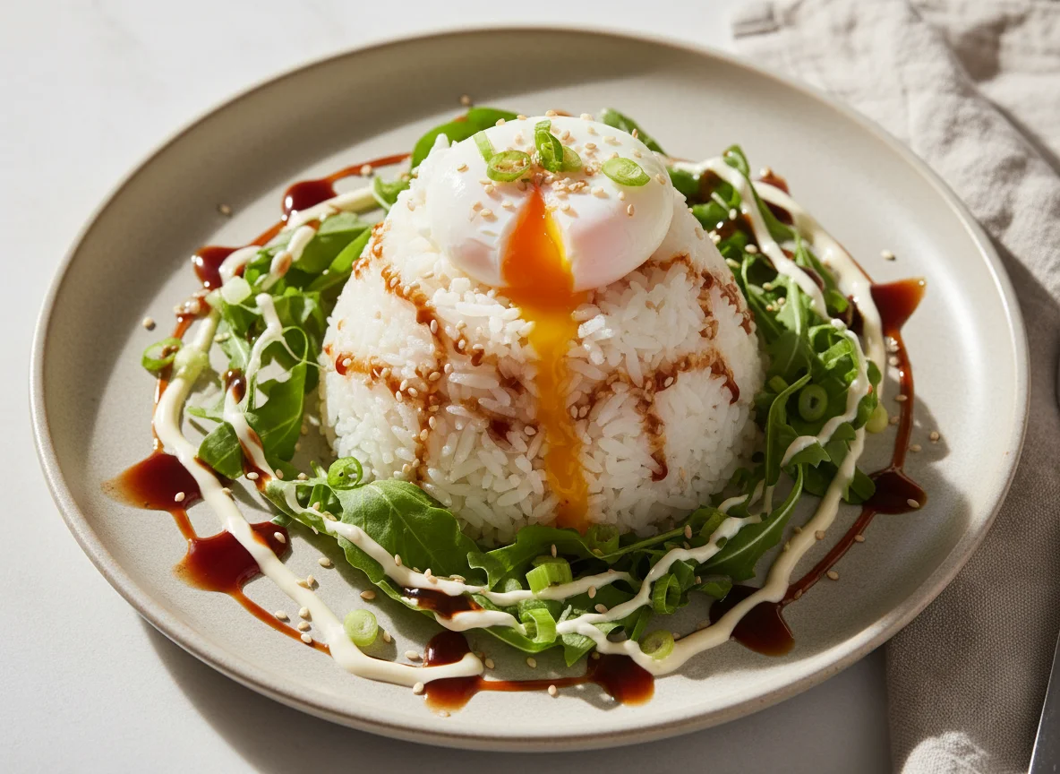 Рисовая башня с яйцом пашот и соусами photo
