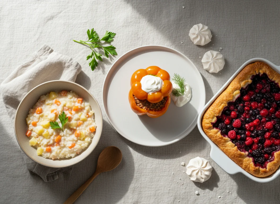 Рисовая каша с овощами и фаршированный перец, а также пирог с ягодами photo