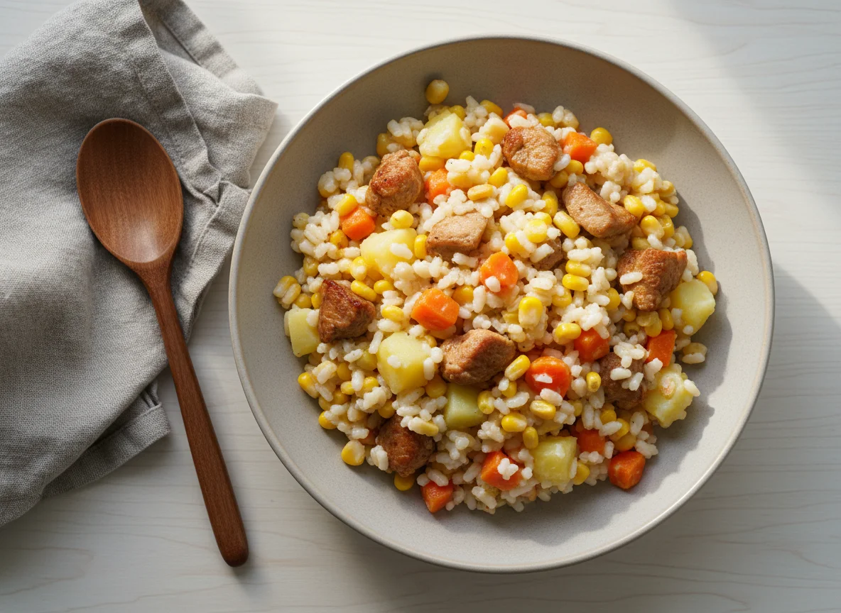 Рисовая каша с овощами и мясом photo