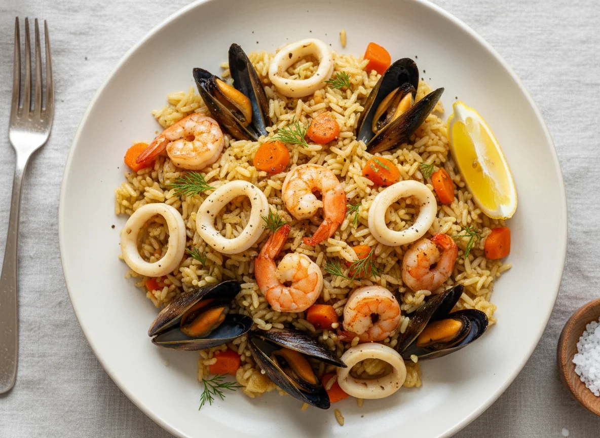 Рисовое блюдо с морепродуктами photo