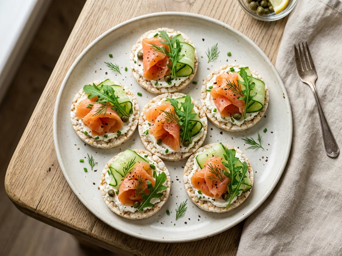 Рисовые хлебцы с лососем, творожным сыром, огурцом и рукколой photo