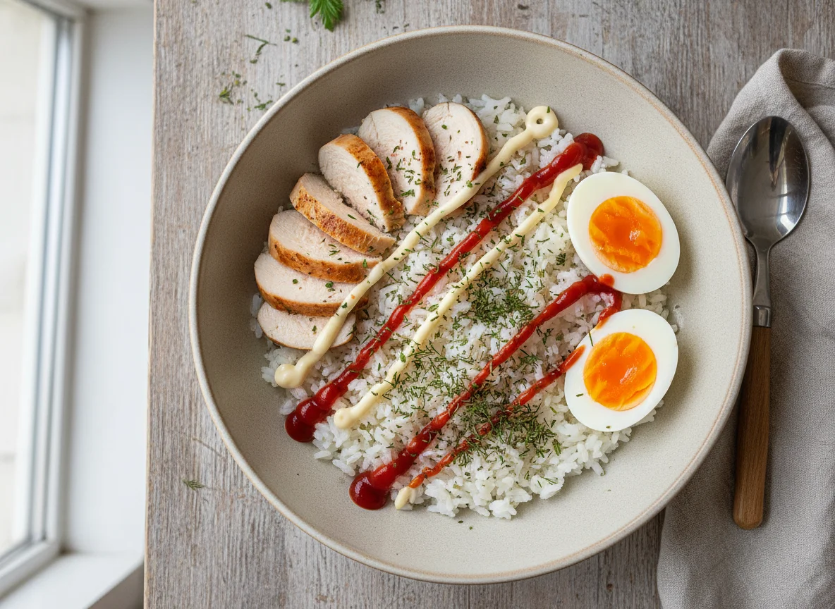 Рисовый боул с курицей и соусами photo