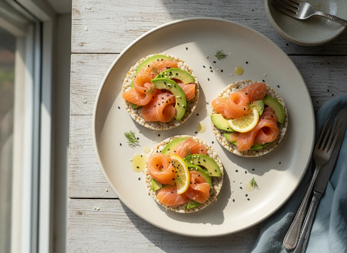 Рисовый хлебец с лососем и авокадо photo