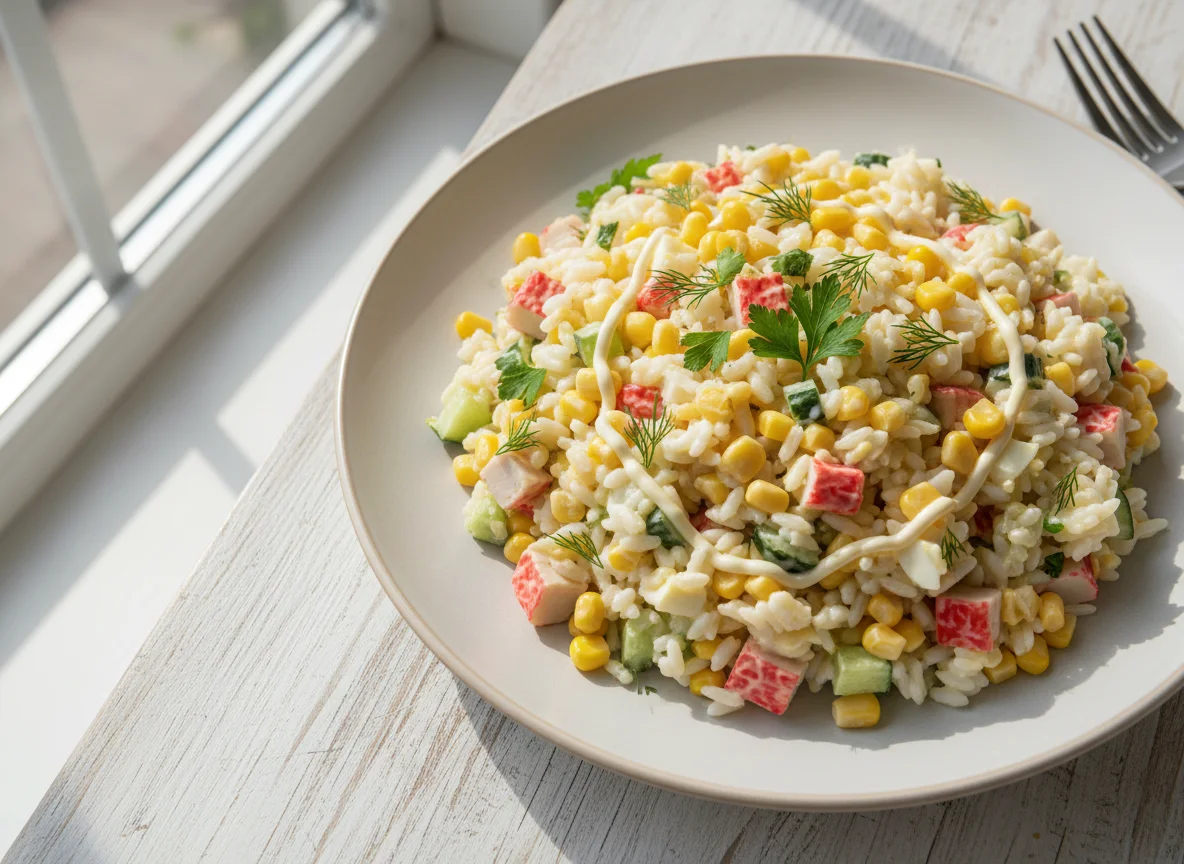 Рисовый салат с кукурузой и крабовыми палочками photo