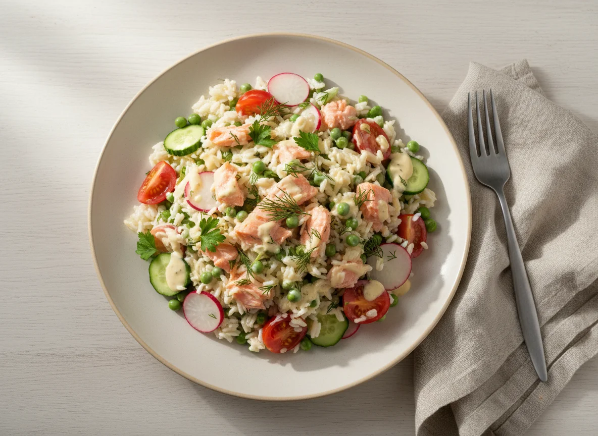 Рисовый салат с лососем и овощами photo