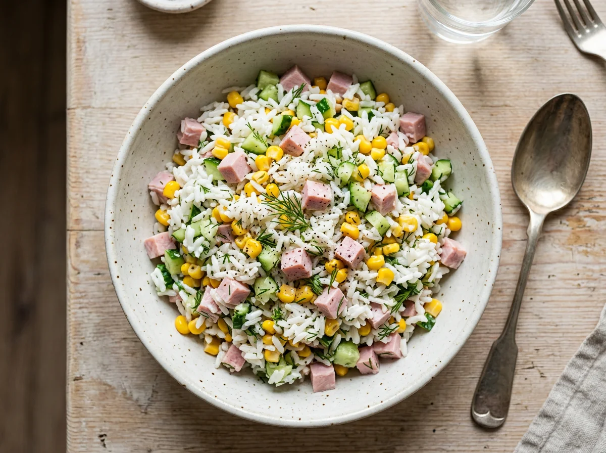 Рисовый салат с ветчиной, кукурузой и огурцом photo