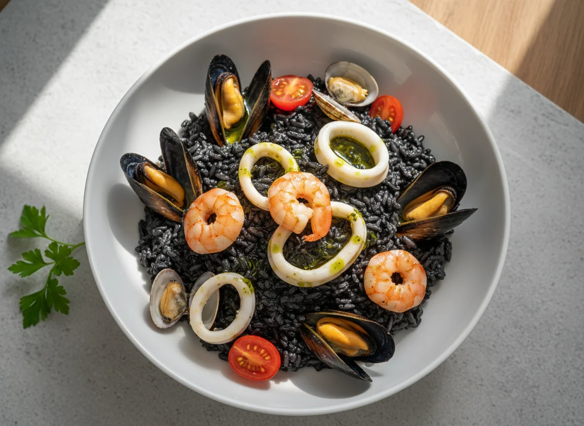 Ризотто с морепродуктами и чернилами каракатицы photo