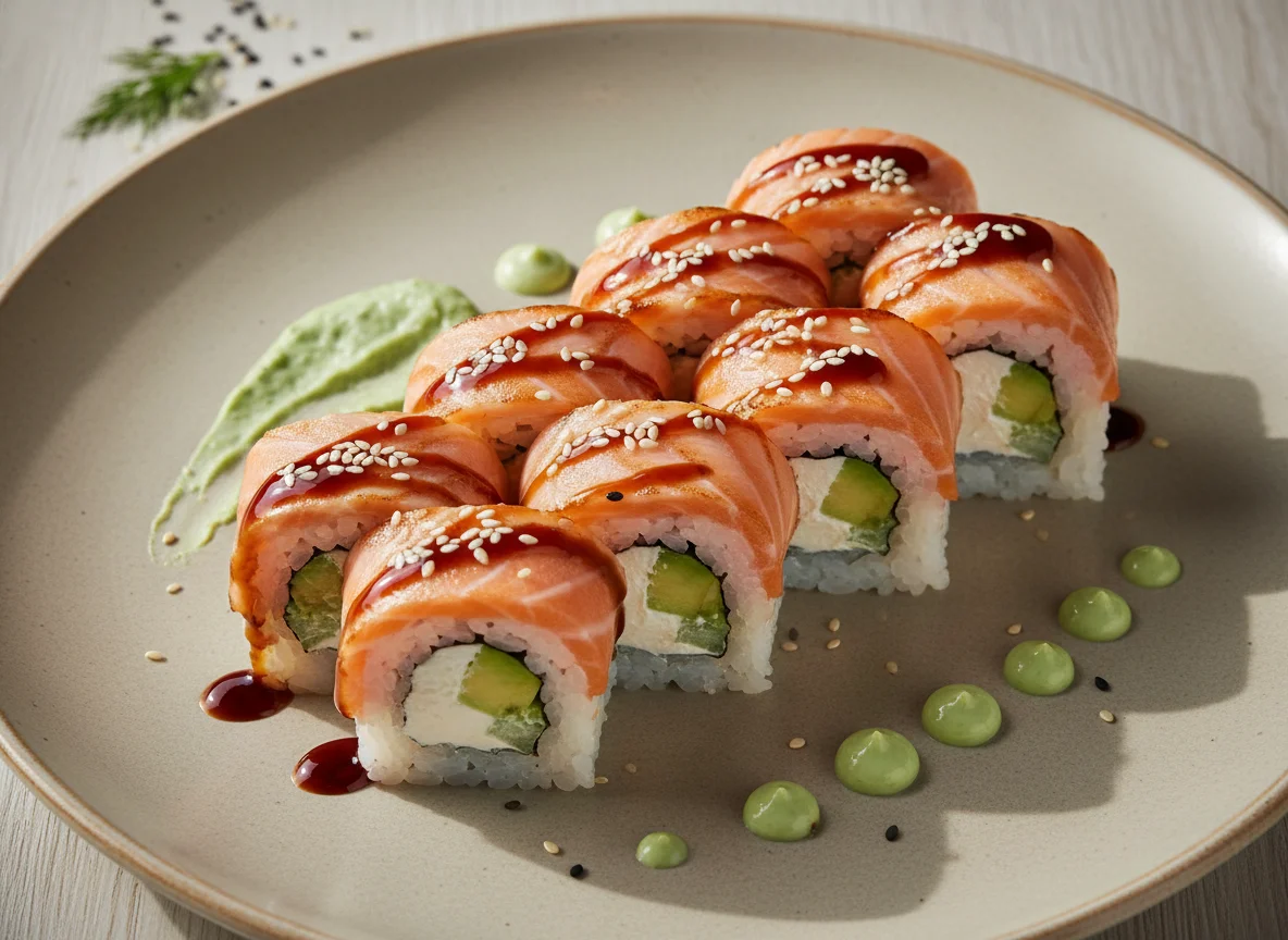 Ролл Филадельфия с опаленным лососем и авокадо photo