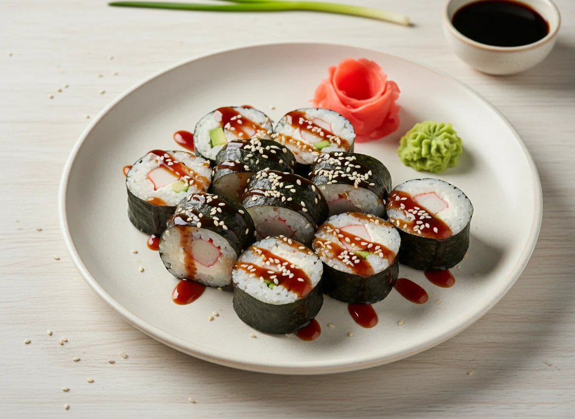 Ролл с авокадо и соусом унаги photo