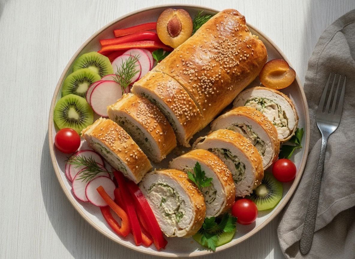 Ролл с курицей и фруктово-овощной гарнир photo