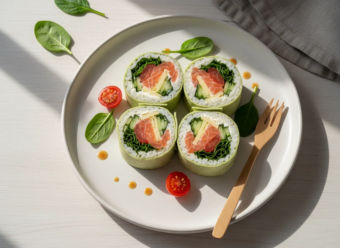 Ролл с лососем, шпинатом и овощами photo