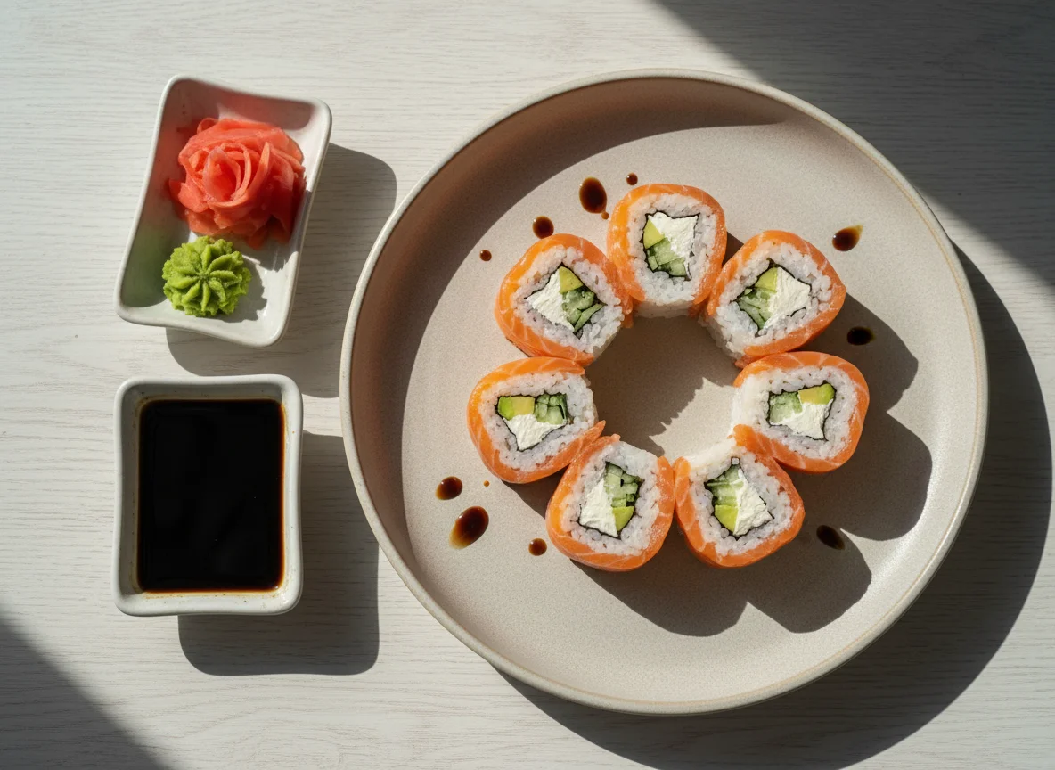 Роллы Филадельфия с соевым соусом, имбирем и васаби photo