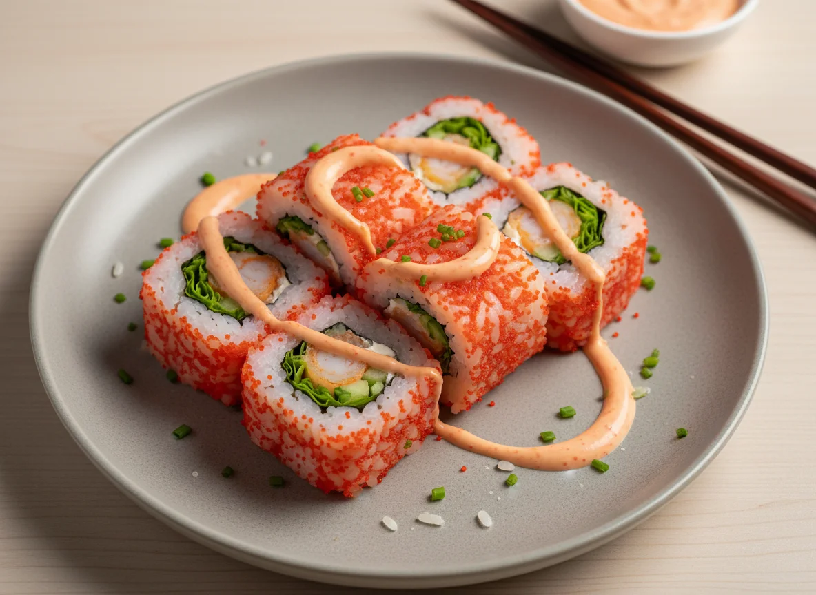 Роллы с тигровой креветкой и спайси соусом photo