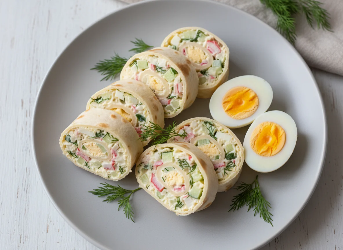 Рулет из лаваша с крабовым салатом и яйцом photo