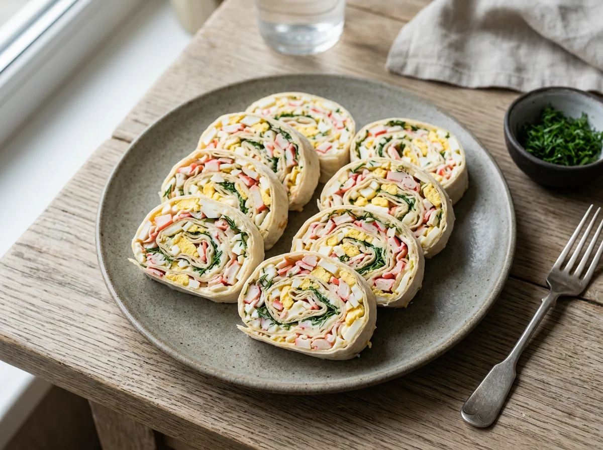 Рулет из лаваша с крабовыми палочками и яйцом photo