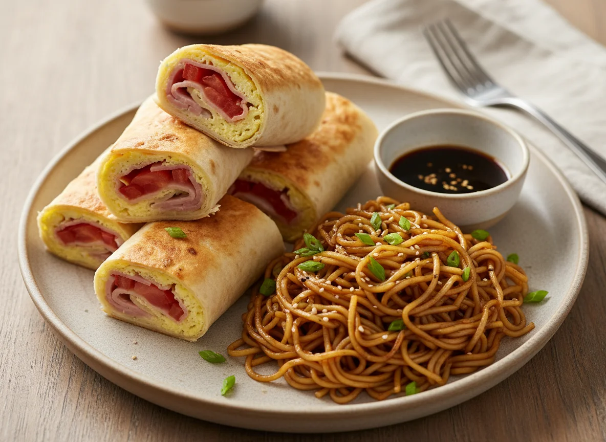 Рулетики из лаваша с начинкой и лапша photo