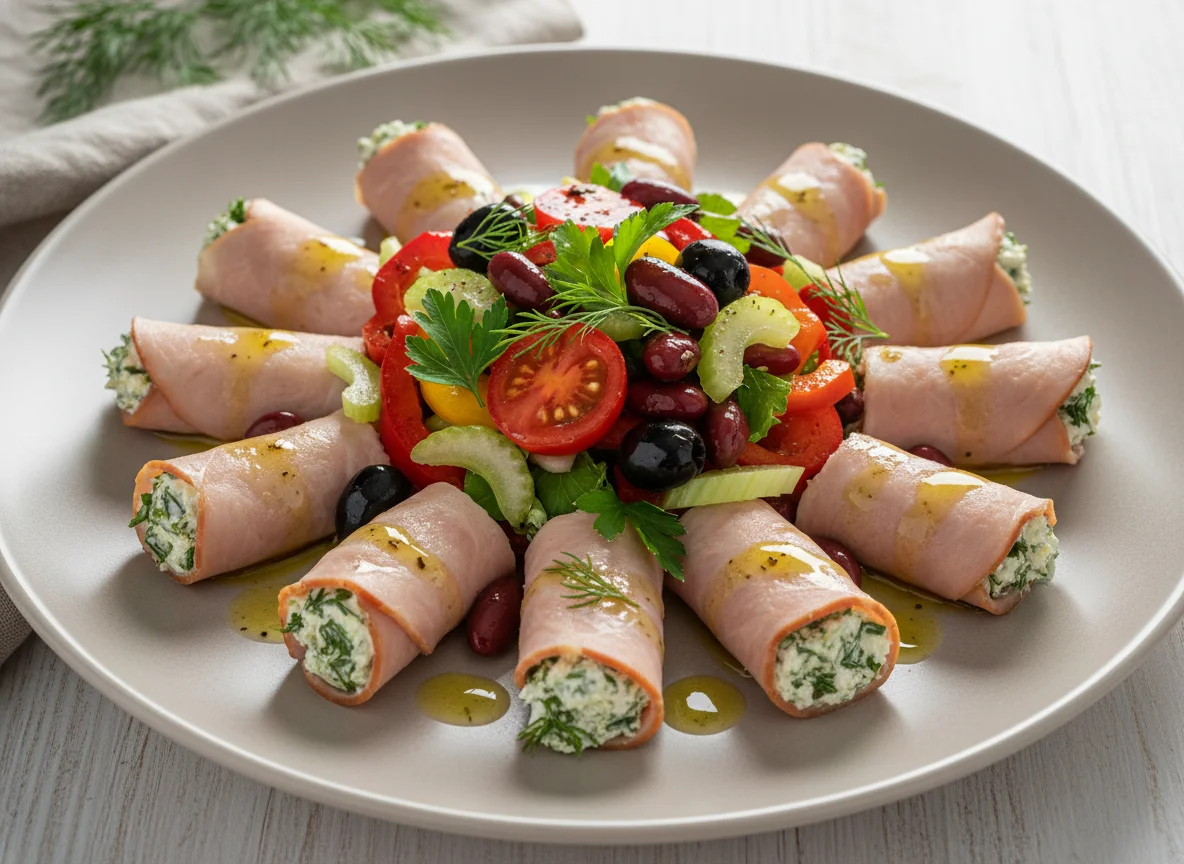 Рулетики из ветчины с овощным салатом photo