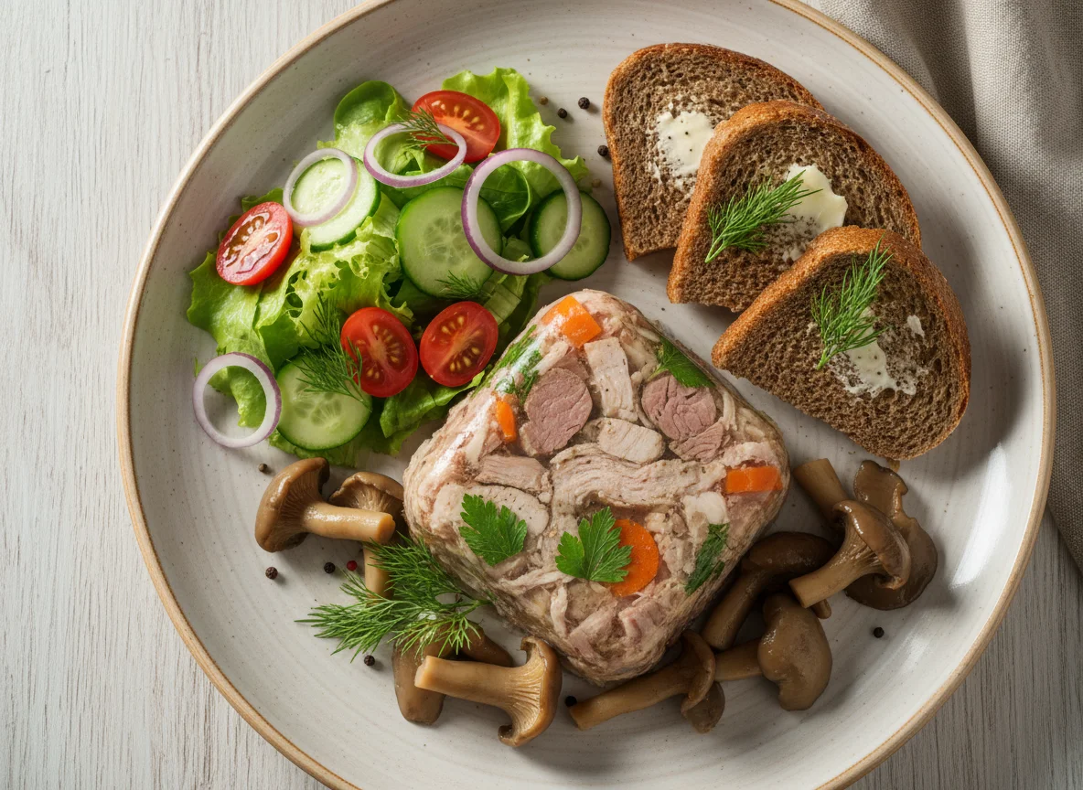 Русская закуска с холодцом и салатом photo