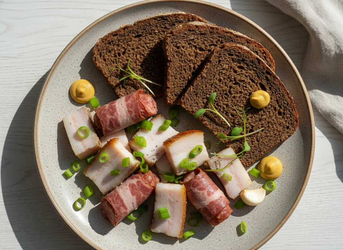 Русская закуска с салом и хлебом photo