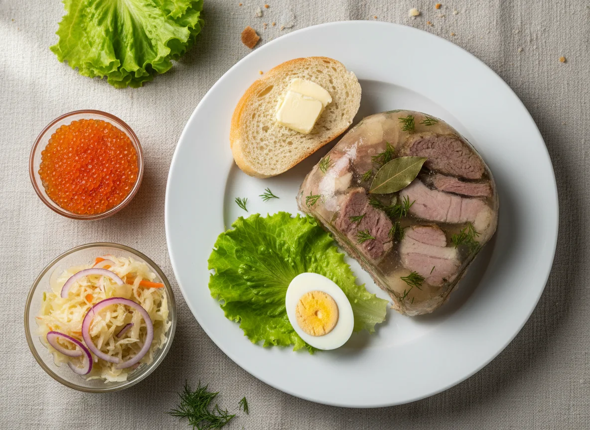 Русский обед с холодцом и закусками photo