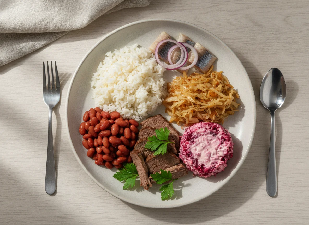 Русский обед с рисом, фасолью, капустой, свеклой, говядиной и сельдью photo