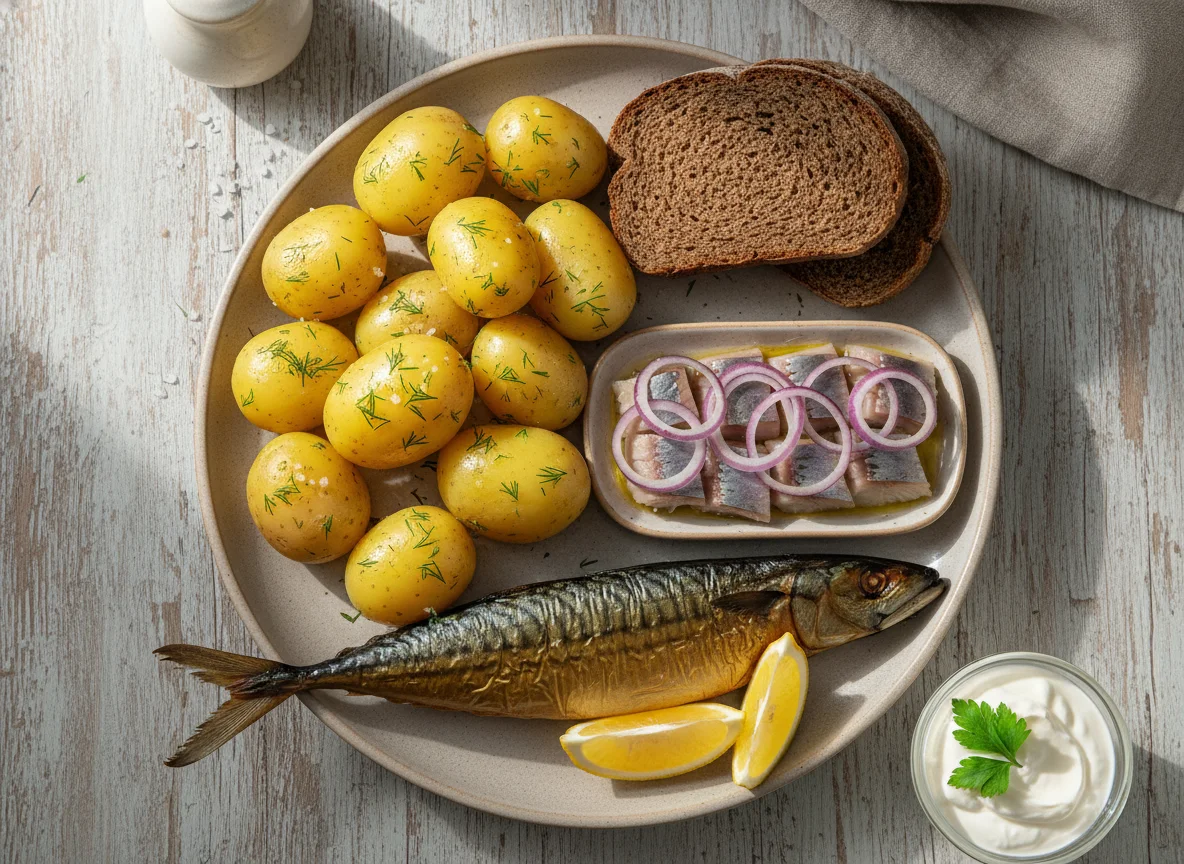 Русский обед с рыбой и картофелем photo