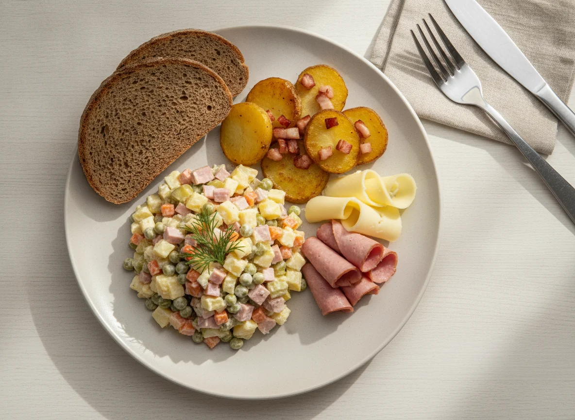 Русский обед с салатом Оливье и картофелем photo
