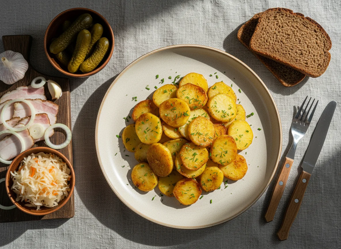 Русский обед с салом и жареной картошкой photo