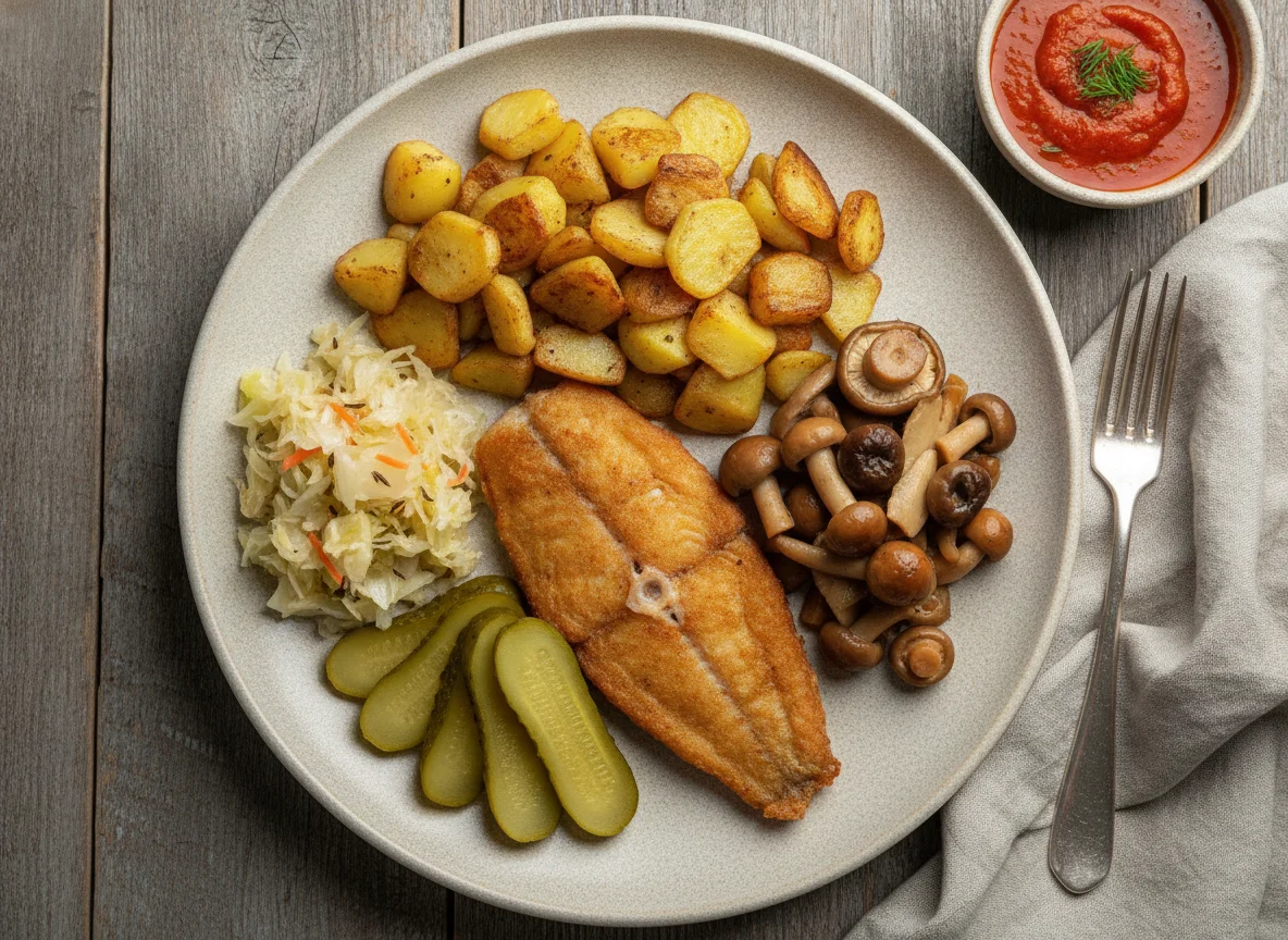 Русский обед с жареной рыбой и гарнирами photo