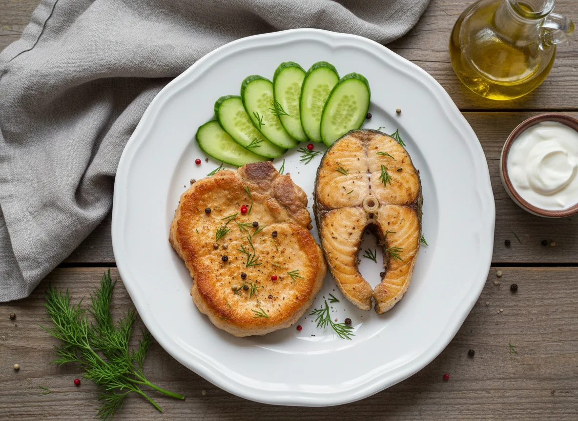 Рыба и свинина с огурцом photo