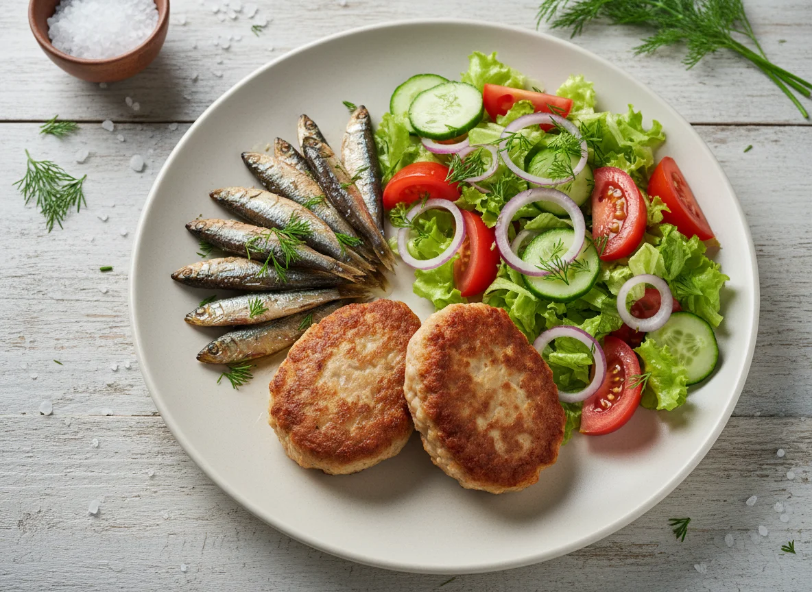 Рыба, котлеты и овощной салат photo