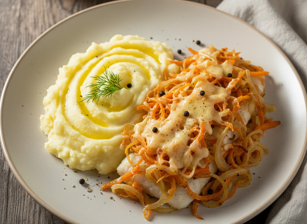 Рыба под овощами с картофельным пюре photo