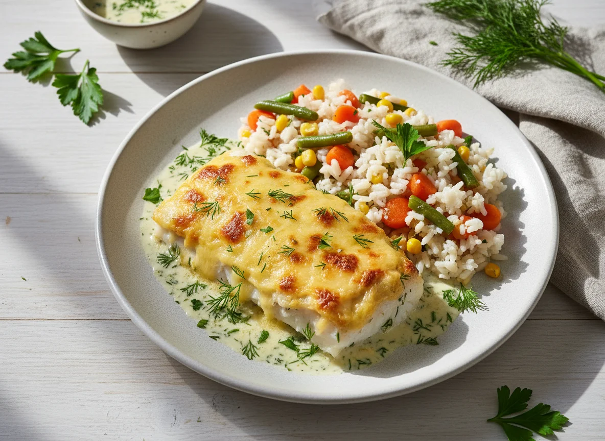 Рыба под сыром с рисом и овощами photo