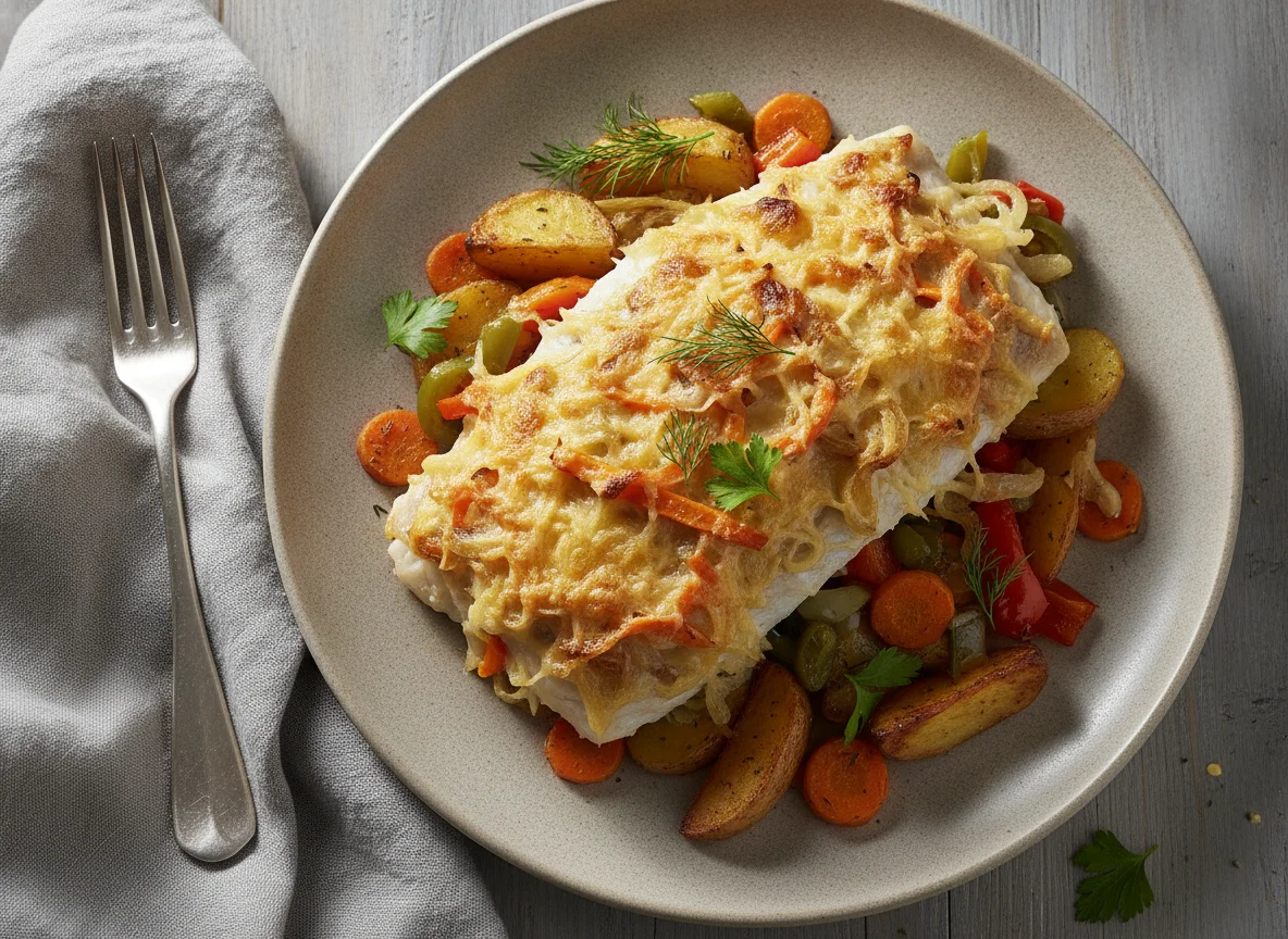 Рыба по-московски с овощами и сыром photo