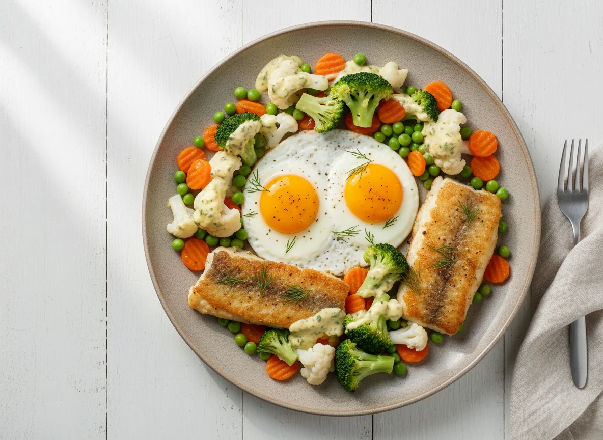 Рыба с яичницей и овощами photo